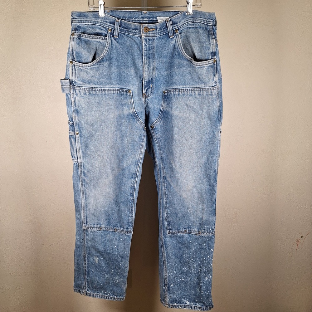Key Y2K Double Knee Blue Jeans Bleach Thrashed Carpenter Workwear 38x32